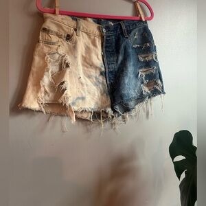 Vintage 501 Levi Strauss & CO - Distressed & reworked Two-Tone Denim Shorts-W30